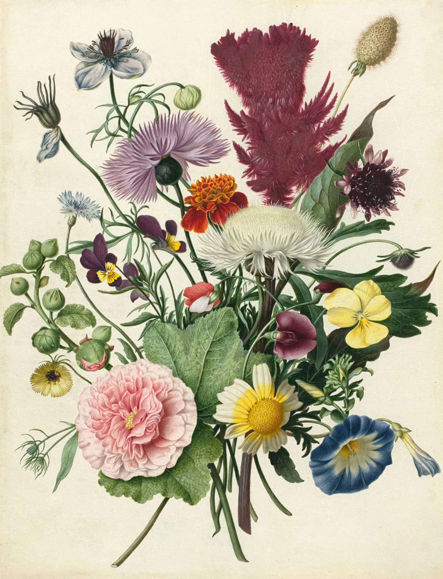 Antique botanical illustration of a dense mixed bouquet